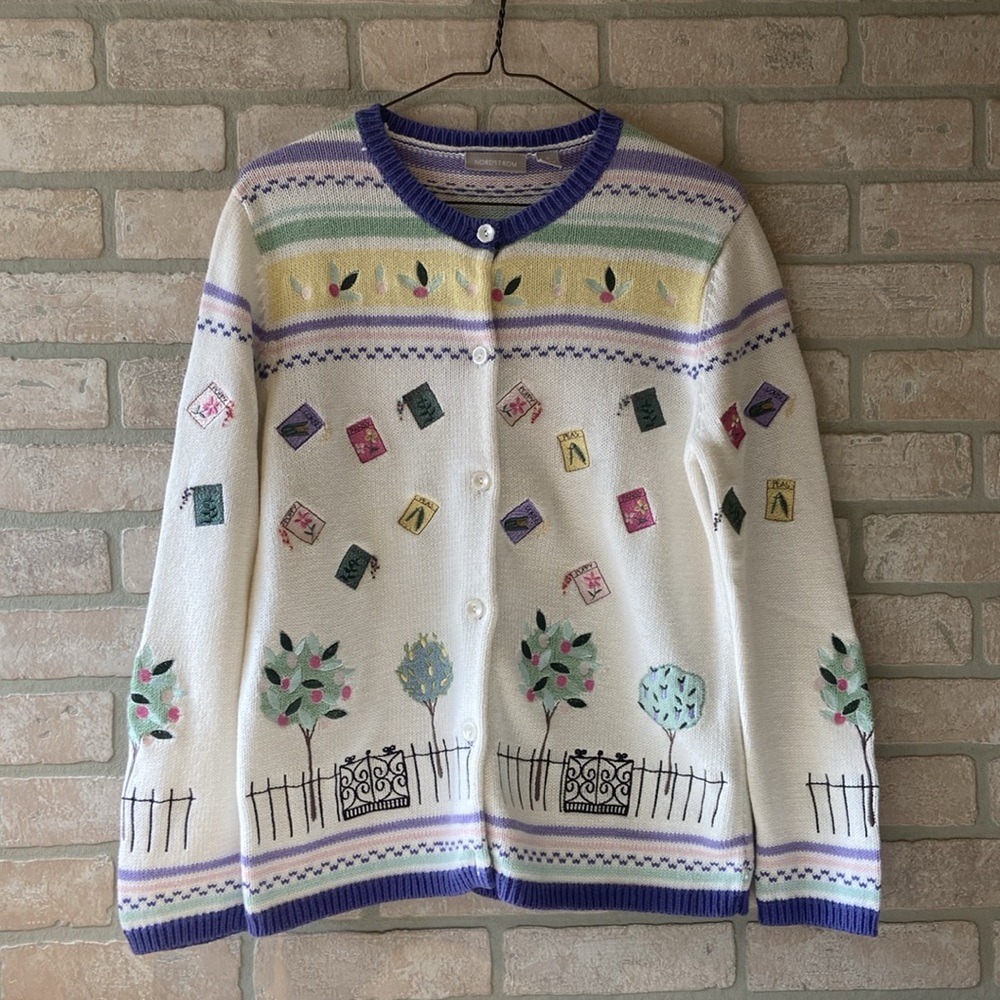 Vintage 90s Nordstrom Spring Garden Seed Embroidered Cardigan Sweater